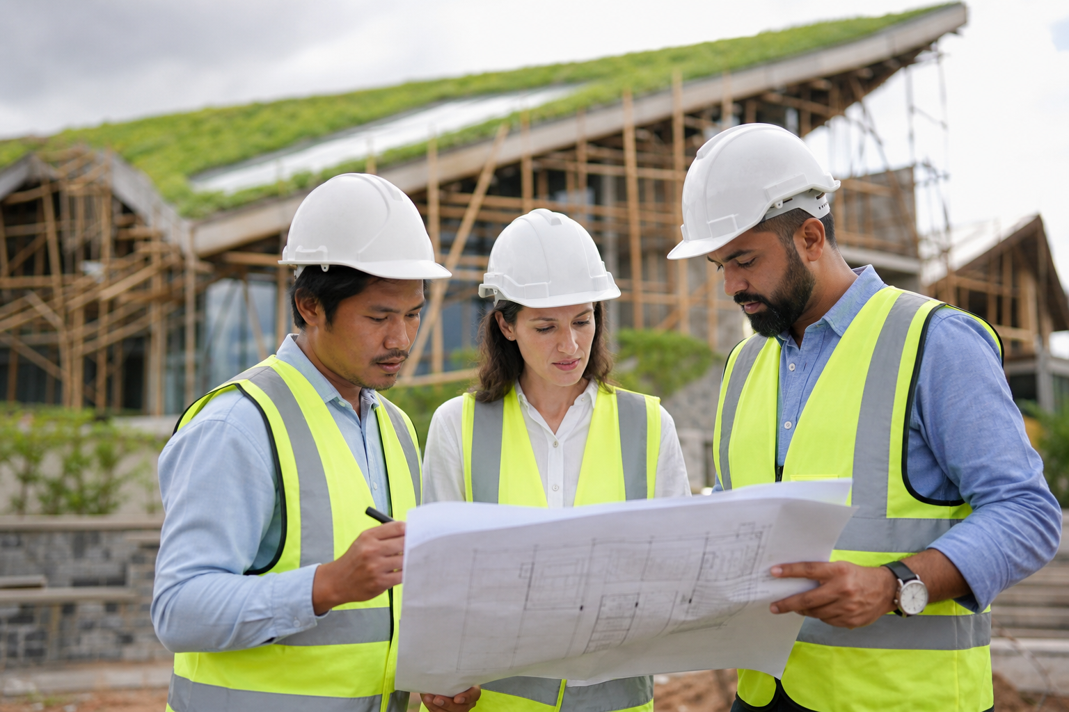 Rioni construction team reviewing sustainable building plans on site