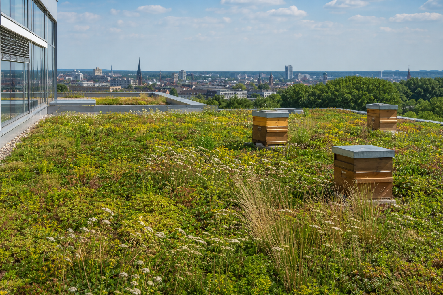 Lush green roof garden on modern office building