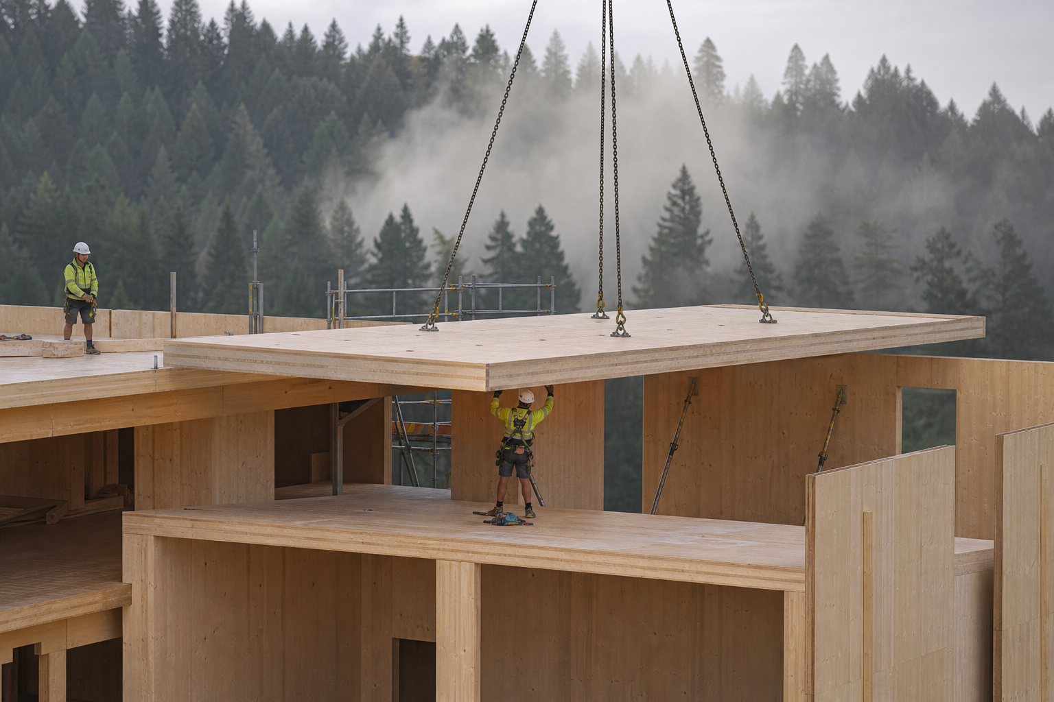 Cross-laminated timber panels installed on sustainable building